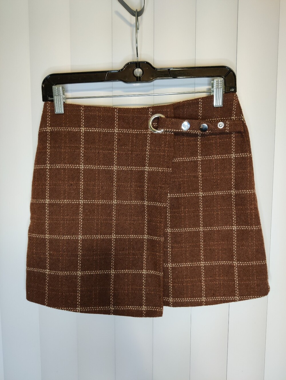 MGM Wool-Blend Brown Plaid Mini Skirt with Buckle Detail